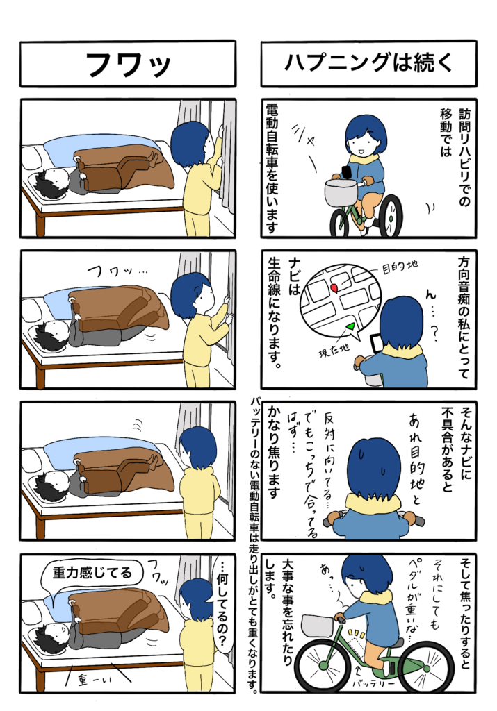 電動自転車、重力の4コマ漫画