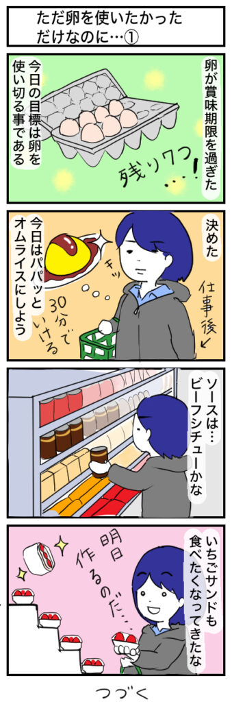 【4コマ漫画】仕事後は思考がまるで停止している私の調理中の様子がこちら(卵の賞味期限が切れたときに私が作ったもの)①