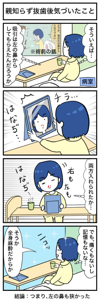 全身麻酔での親知らず抜歯後の鼻血の4コマ漫画